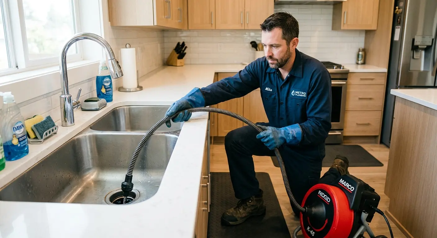 Drain cleaning technician using a motorized snake on a kitchen sink in Boise City