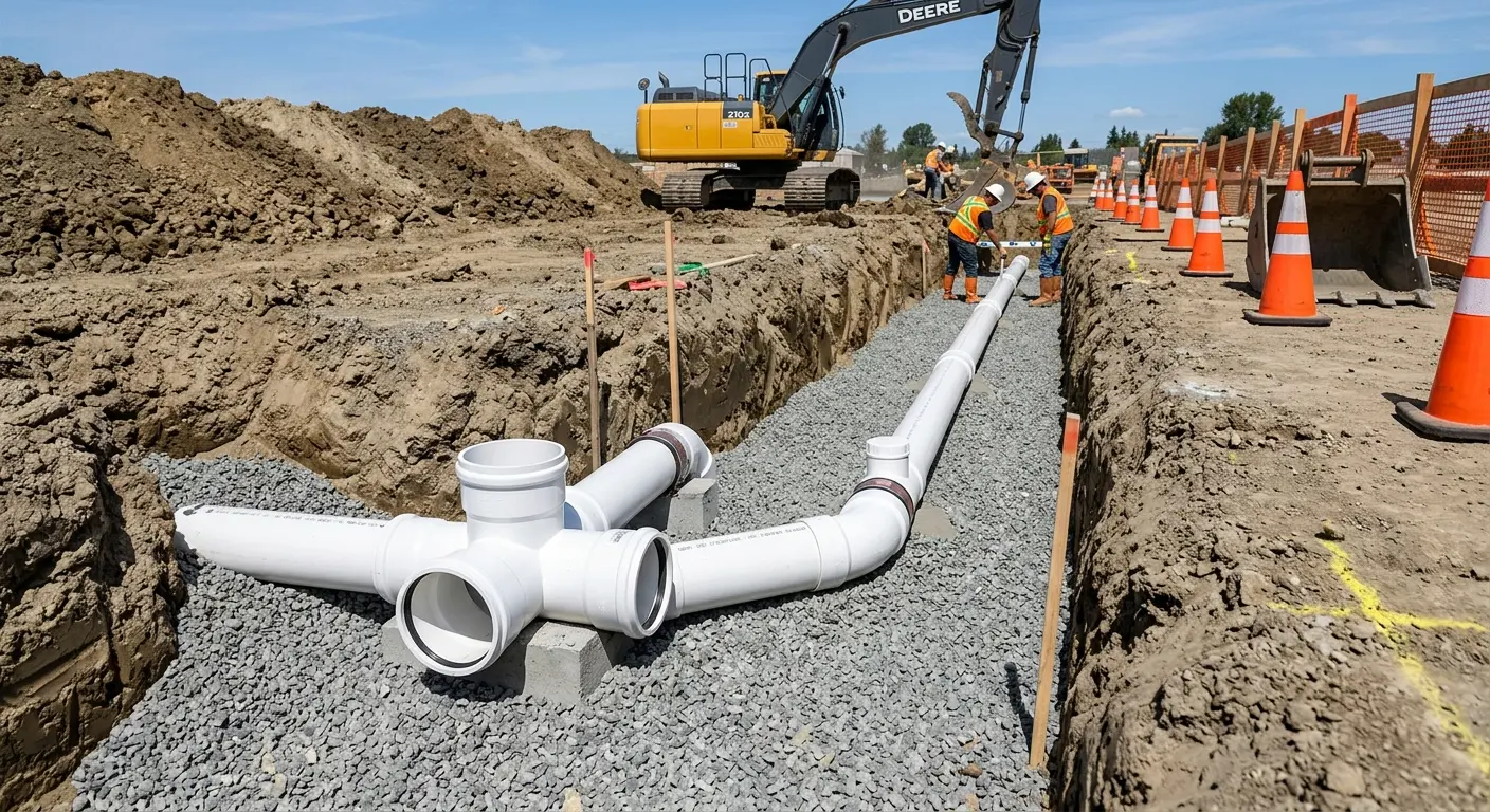 New PVC sewer pipe installation in open trench for Sewer Backup in Boise City
