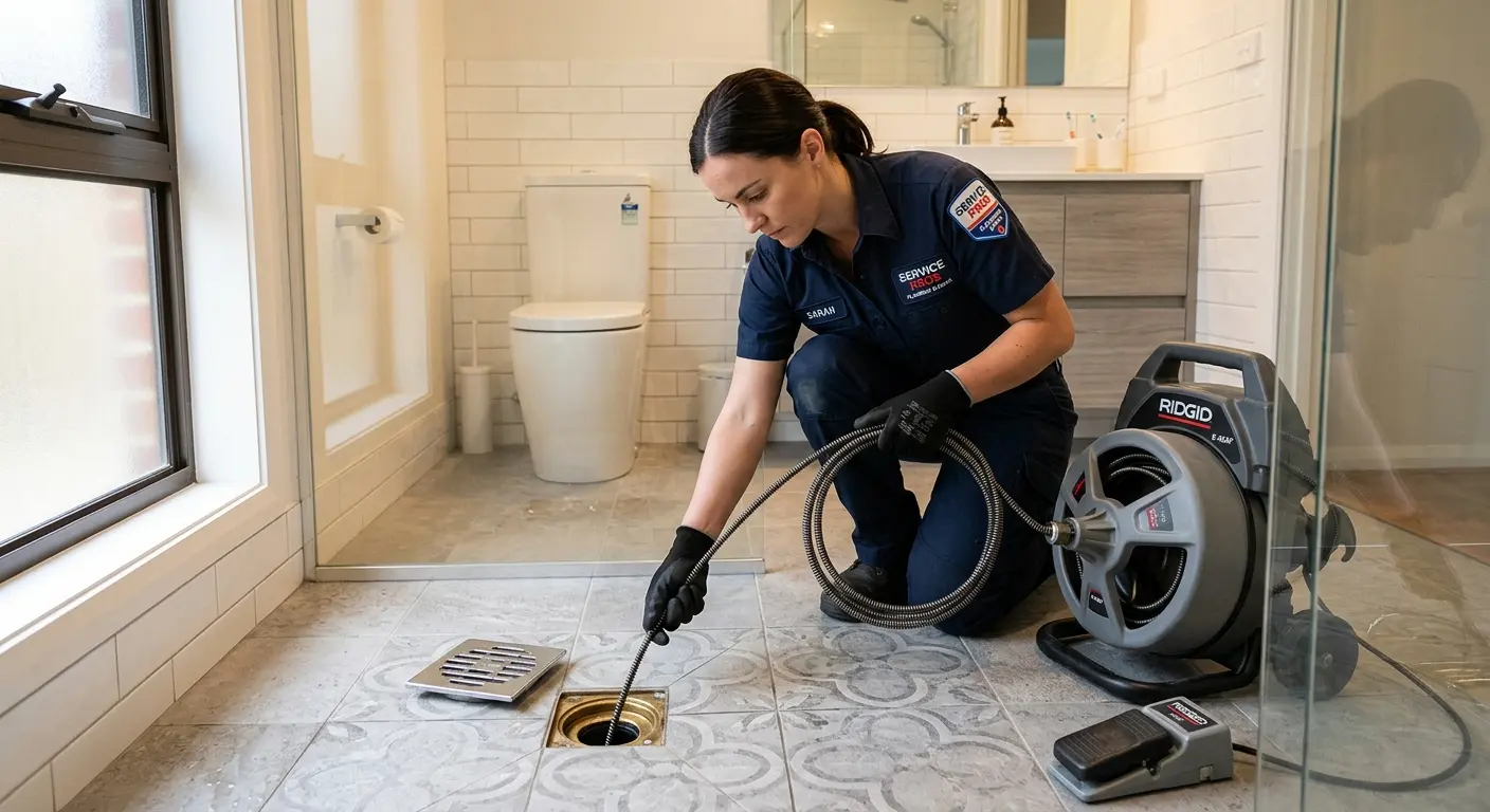 Technician clearing a bathroom floor drain for Hydro Jetting in Boise City